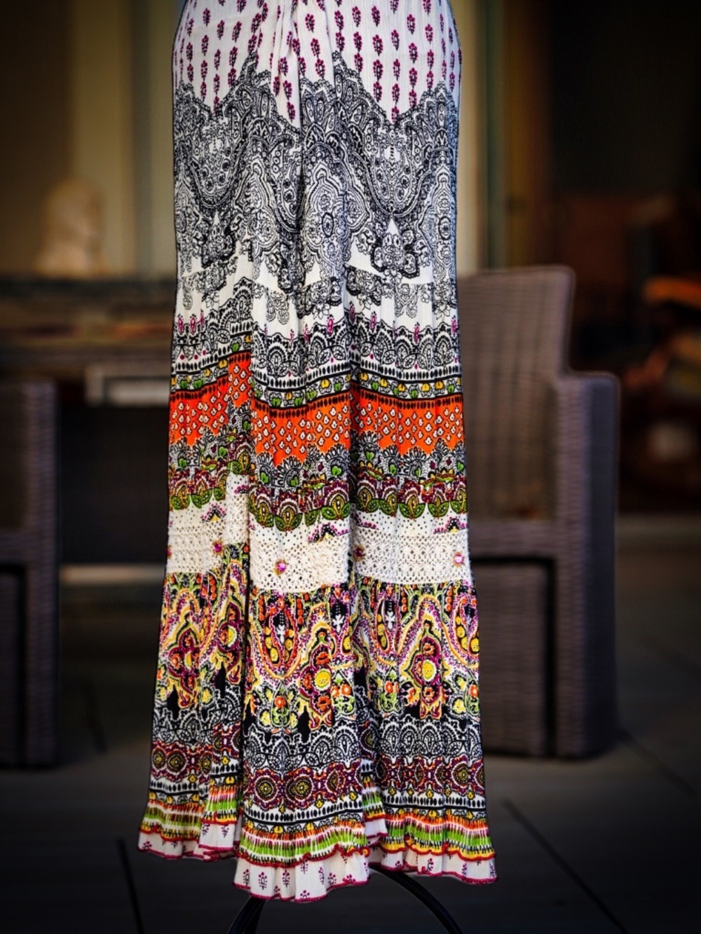 Boho Mixed Print Tiered Maxi Skirt - XL - Stretchy Waist - Colorful